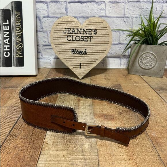 Calvin Klein Brown Leather Asymmetrical Wide Chain Trim Belt Size Large - Picture 1 of 11